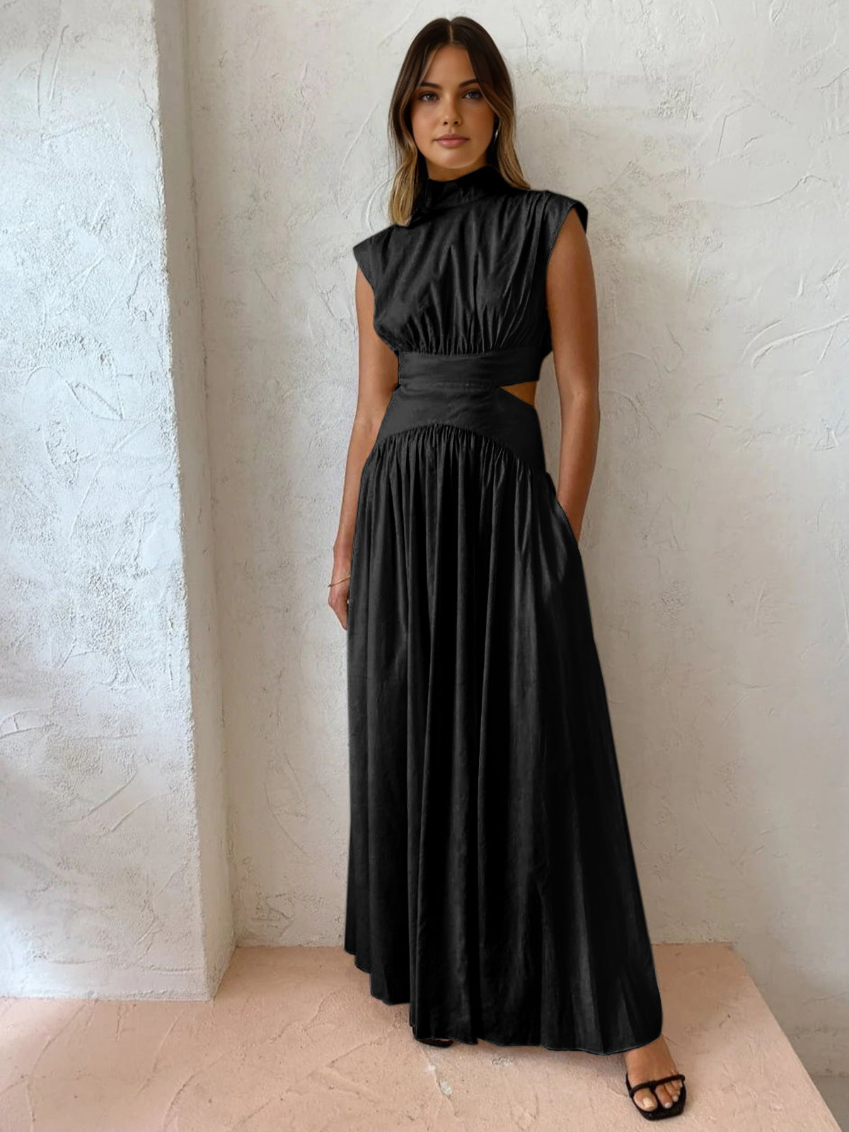 Women's Cotton Maxi Dress – High Neck Waist Cutouts