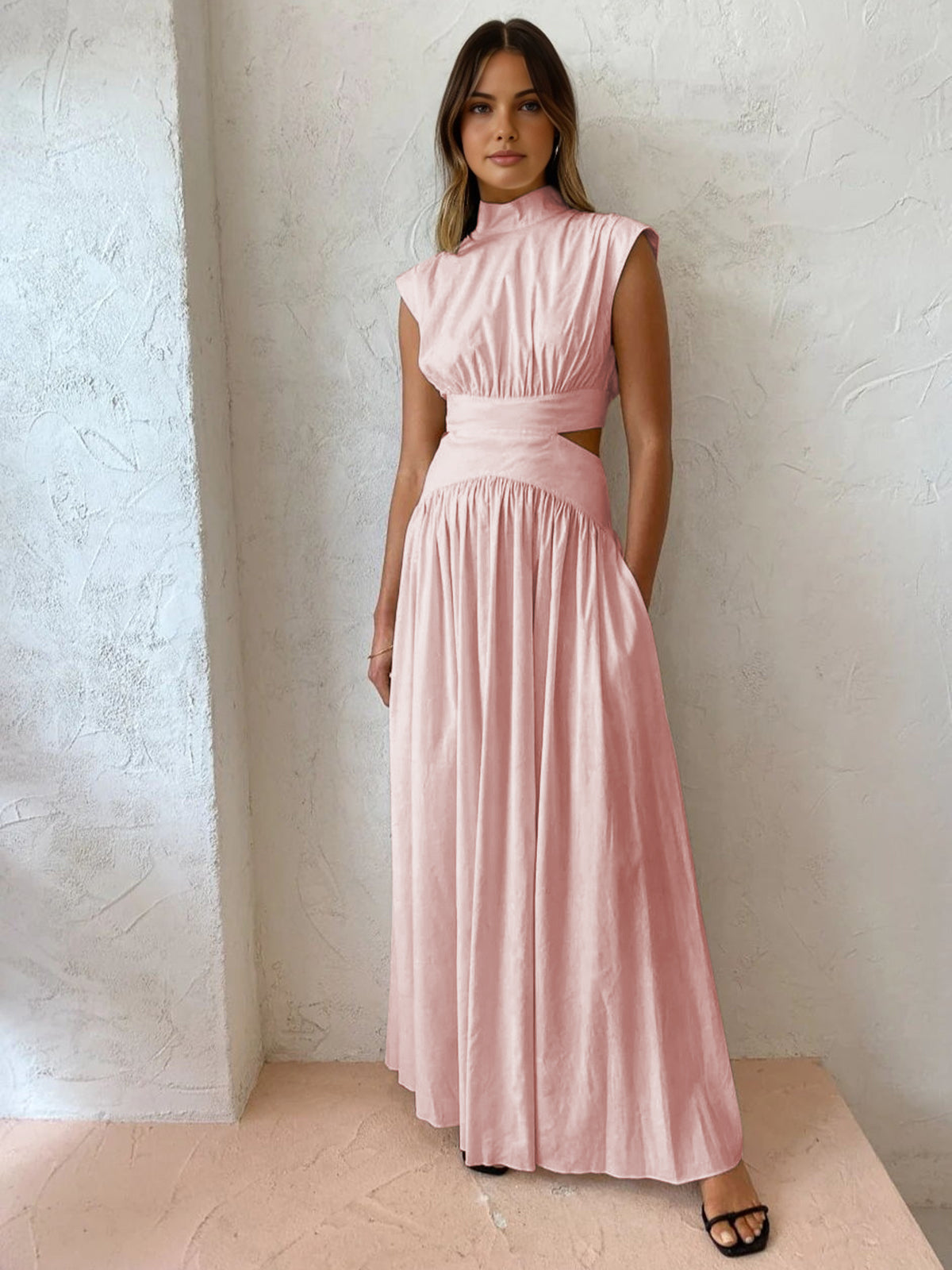 Women's Cotton Maxi Dress – High Neck Waist Cutouts