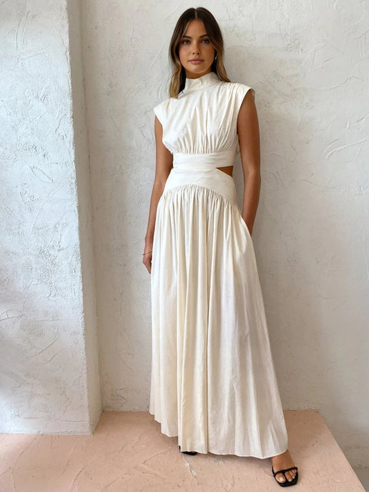 Women's Cotton Maxi Dress – High Neck Waist Cutouts