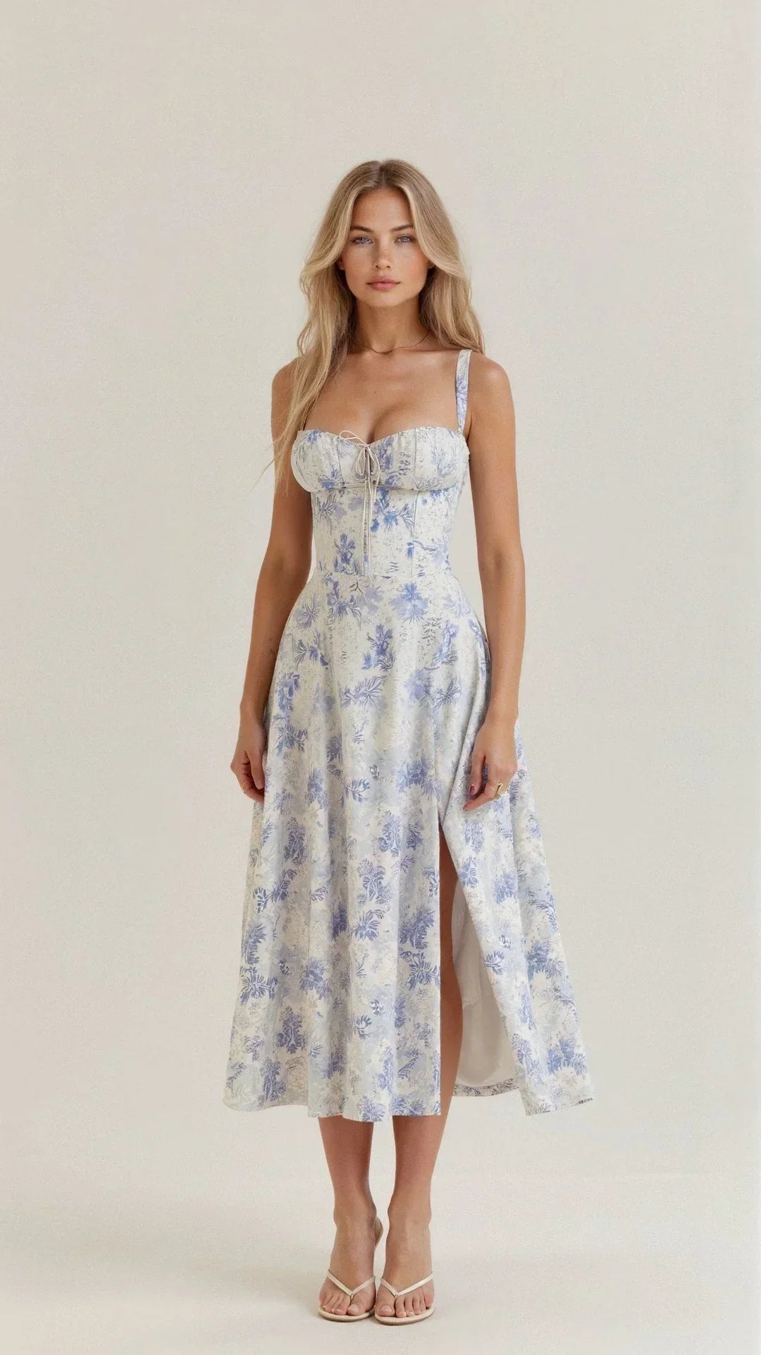 Women's Floral Bustier Midi Dress – Built-In Waist Shaper
