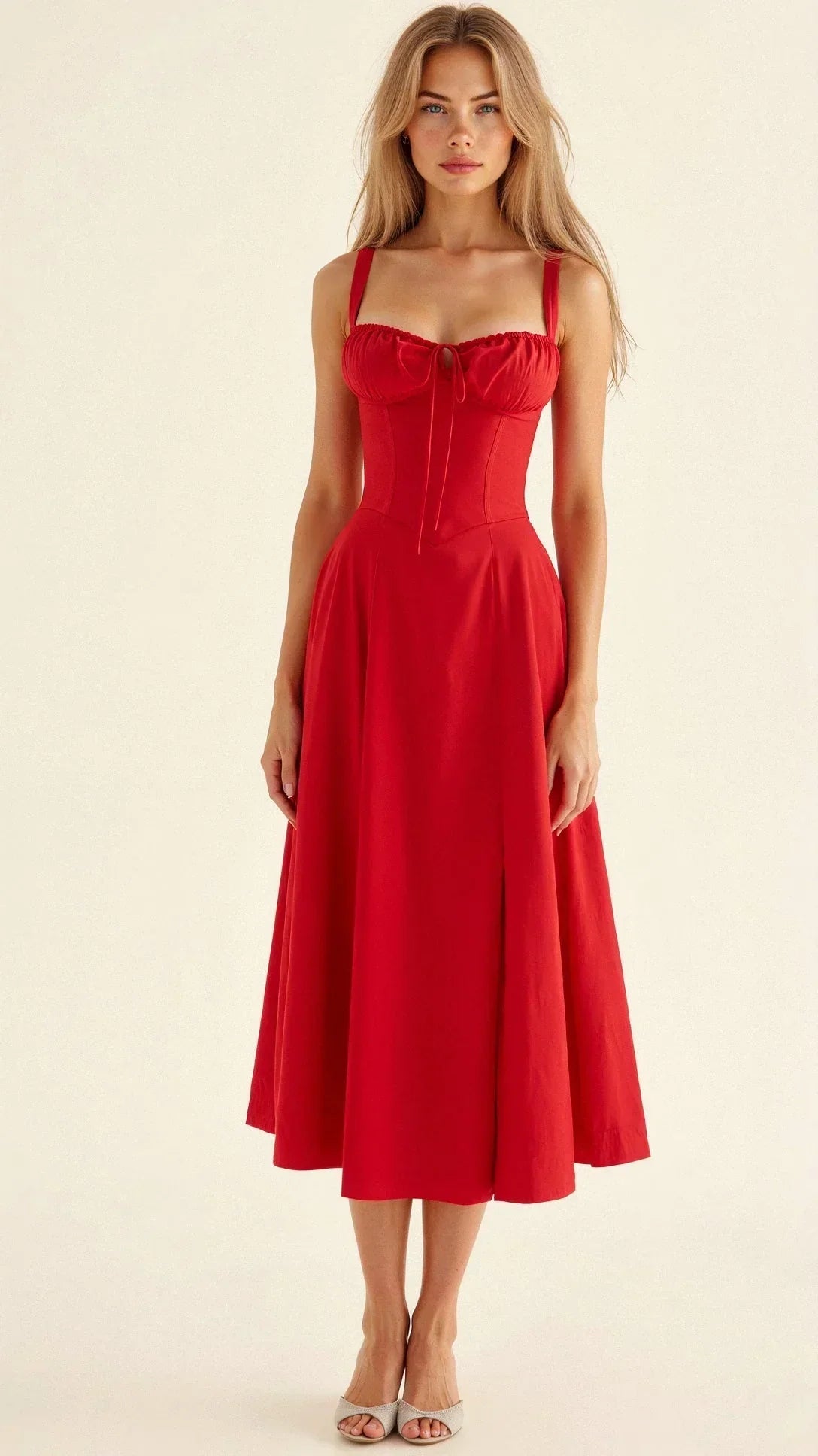 Women's Floral Bustier Midi Dress – Built-In Waist Shaper
