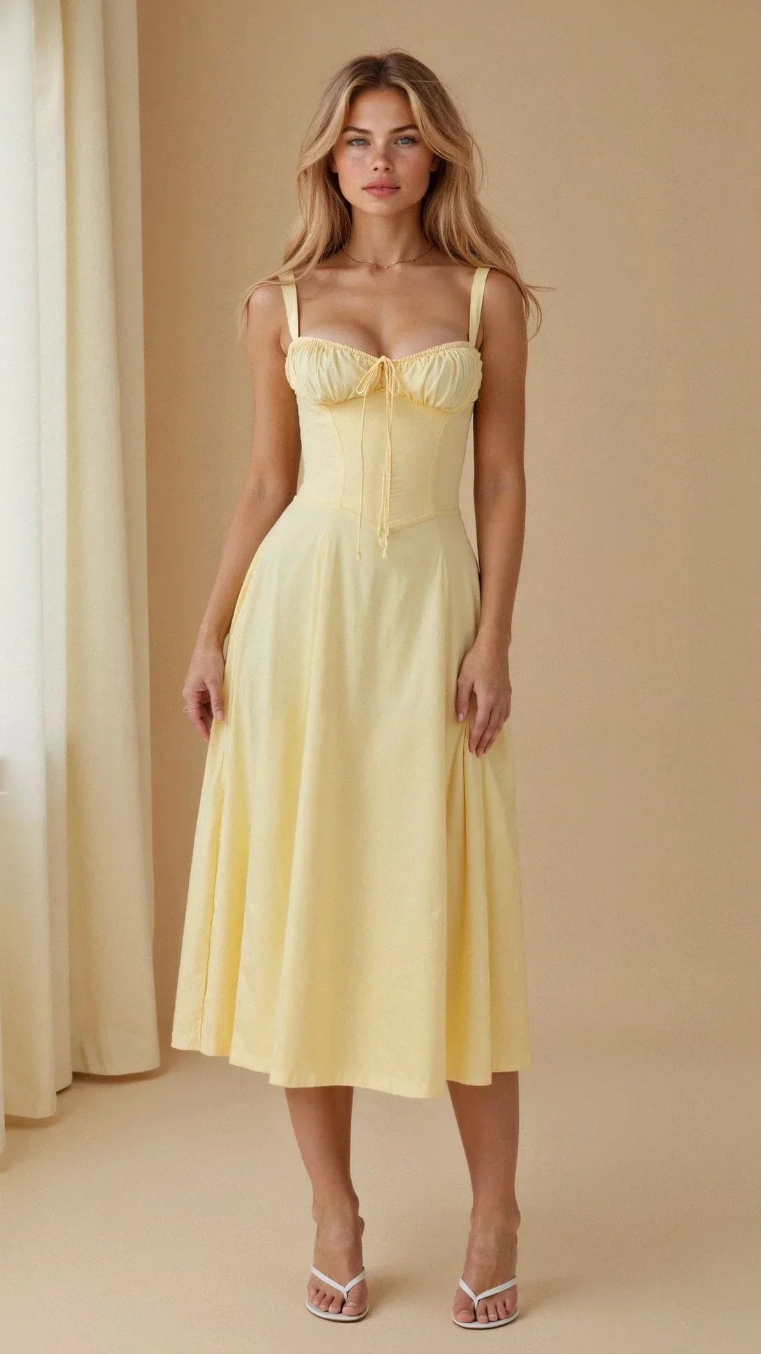 Women's Floral Bustier Midi Dress – Built-In Waist Shaper