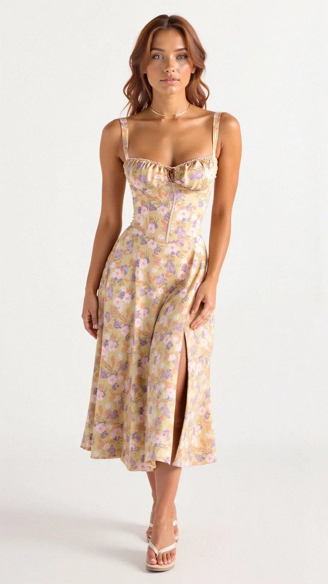 Women's Floral Bustier Midi Dress – Built-In Waist Shaper