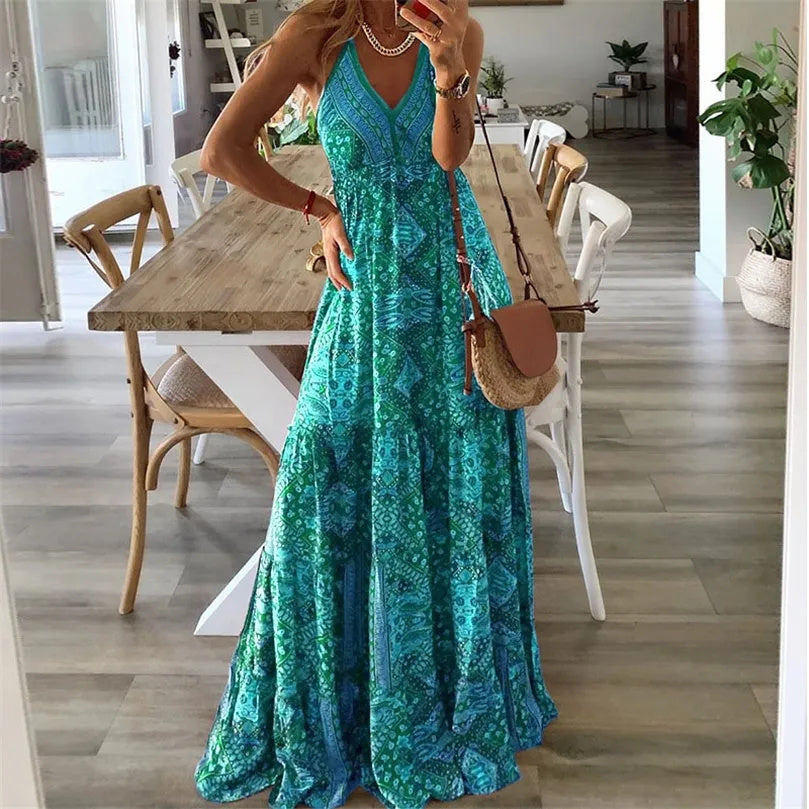 Women's V-Neck Maxi Dress – Flowing High-Waist Fit