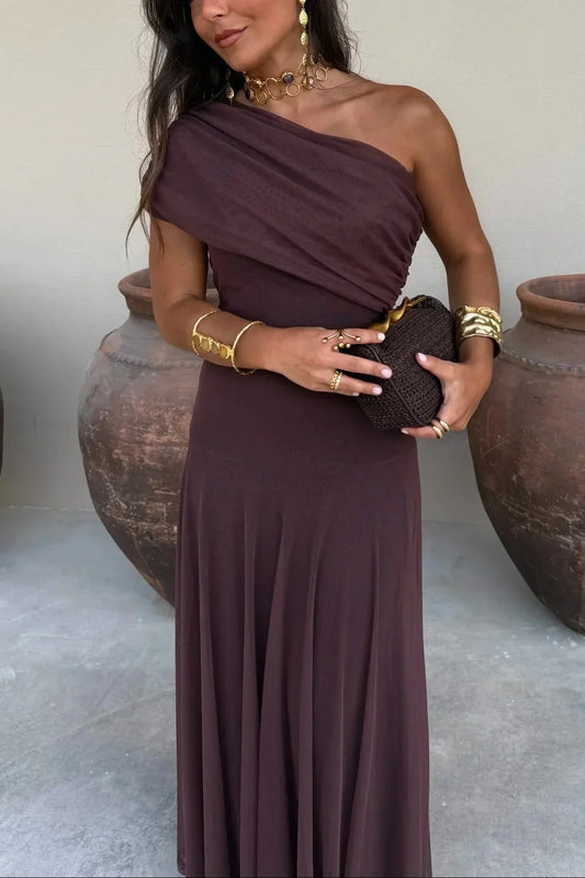 Women's Off-Shoulder Maxi Dress – Ruched Bodice, Voile Skirt