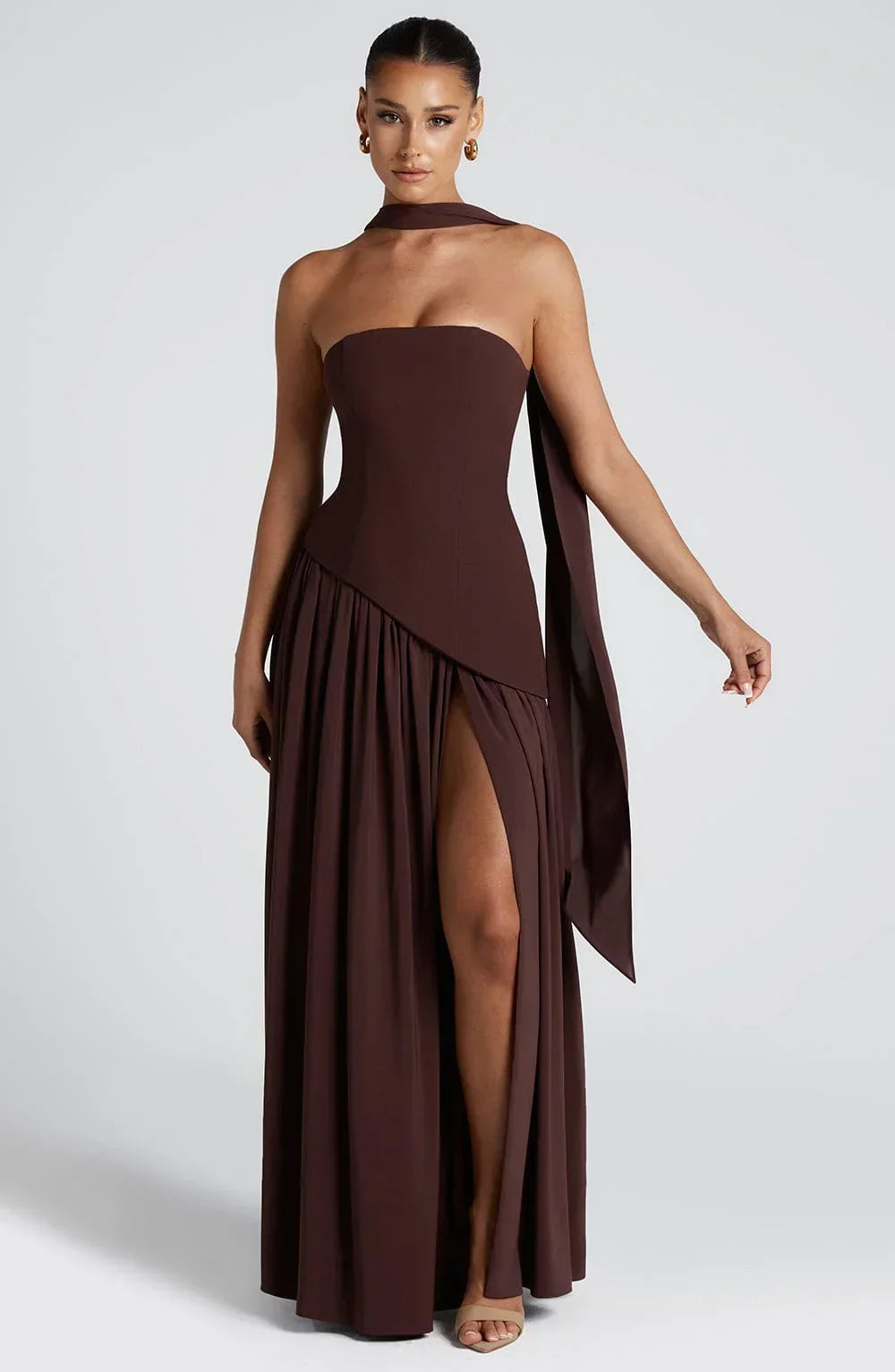 Women's Corset Maxi Dress – Back Scarf & High Slit