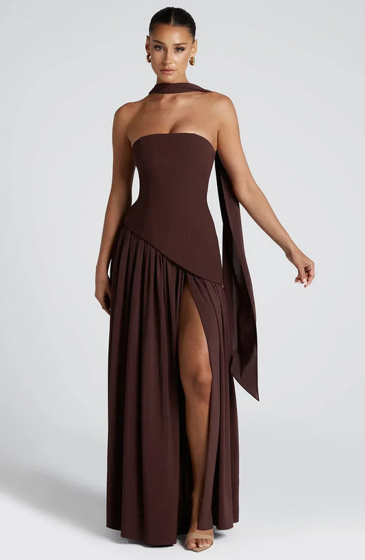 Women's Corset Maxi Dress – Back Scarf & High Slit