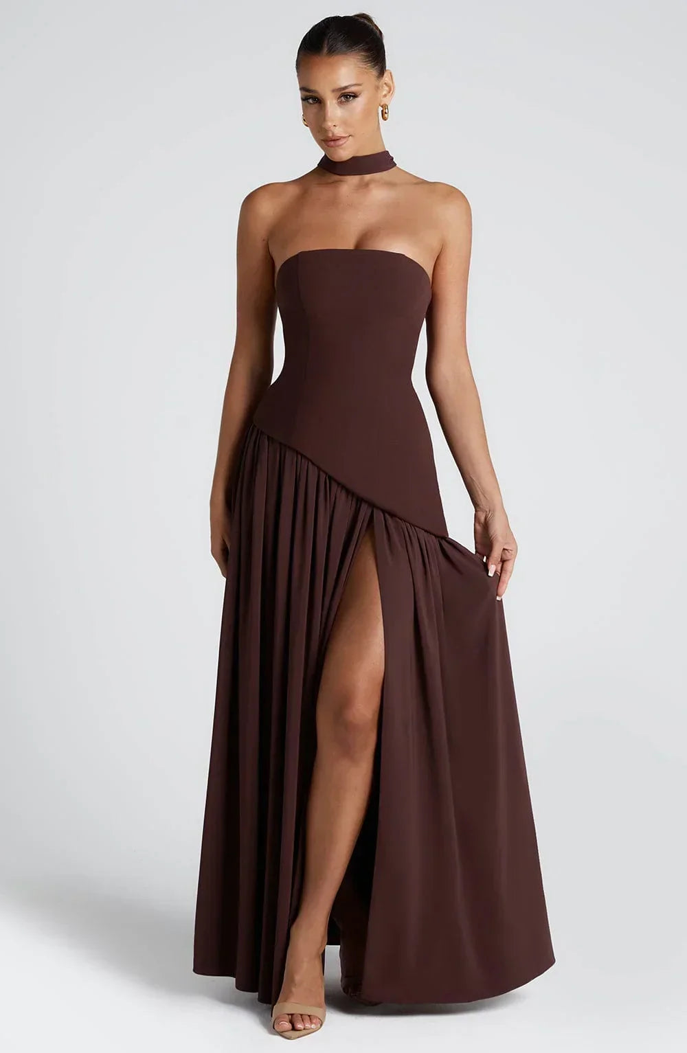 Women's Corset Maxi Dress – Back Scarf & High Slit