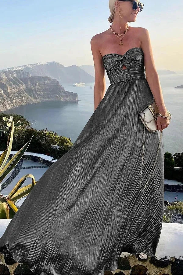 Women's Pleated Bustier Maxi Dress – Strapless Shimmer Gown