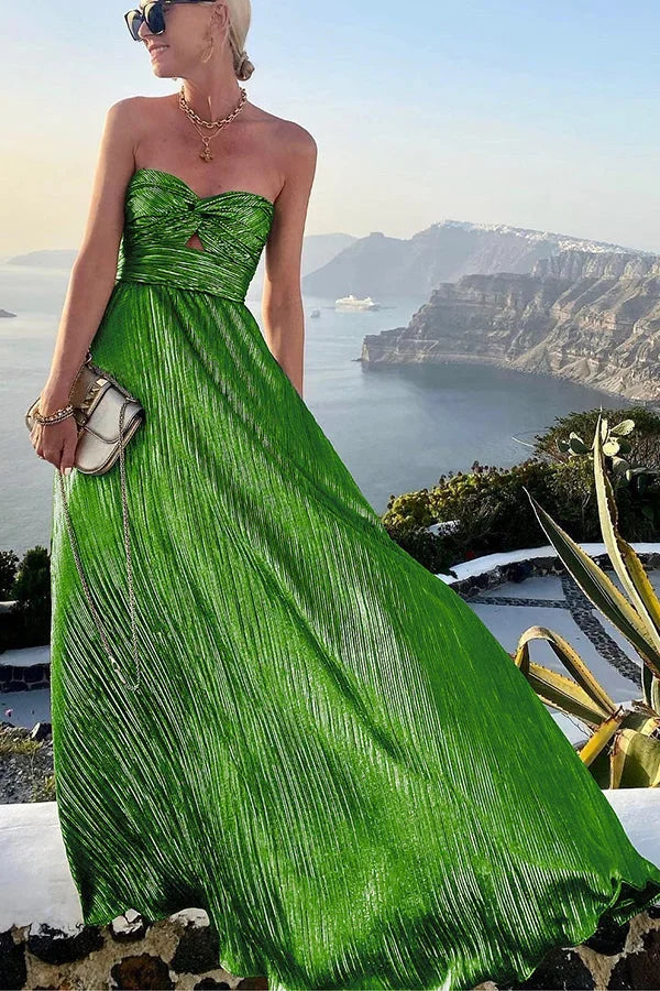 Women's Strapless Pleated Maxi Dress – Shimmer Column Fit