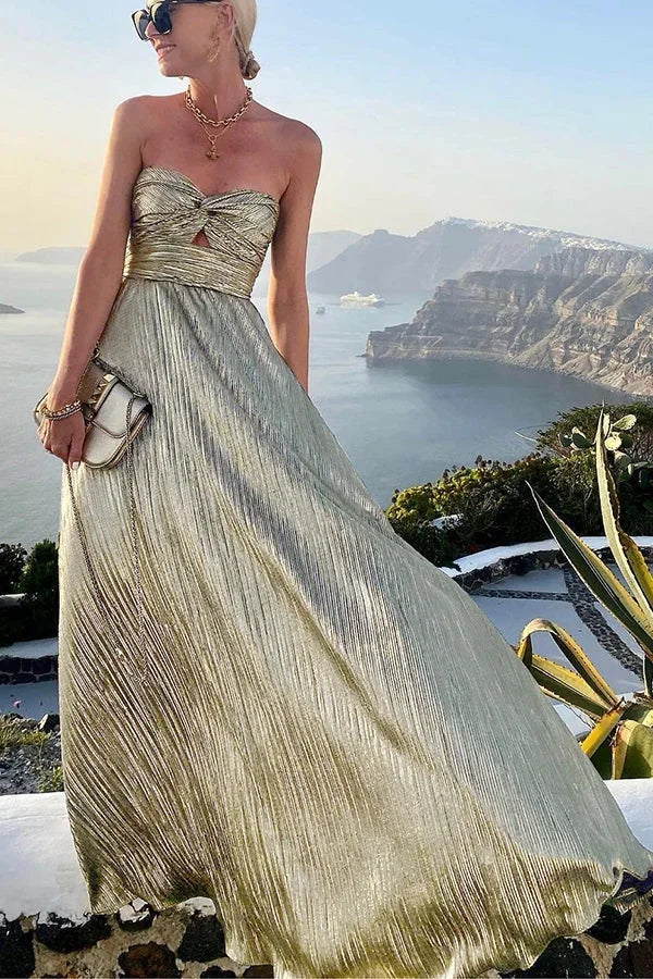 Women's Strapless Pleated Maxi Dress – Shimmer Column Fit