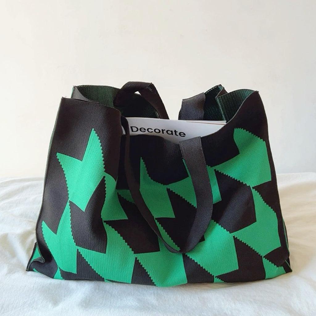 Women's Woven Shopper Bag – Oversized Geometric Pattern