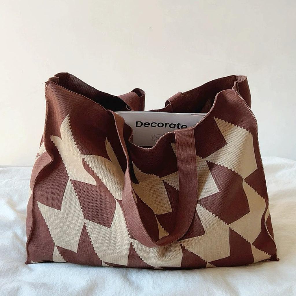 Women's Woven Shopper Bag – Oversized Geometric Pattern
