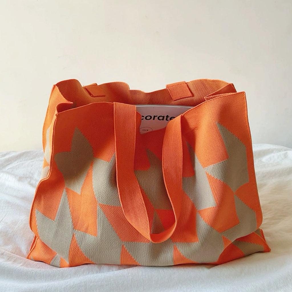 Women's Woven Shopper Bag – Oversized Geometric Pattern