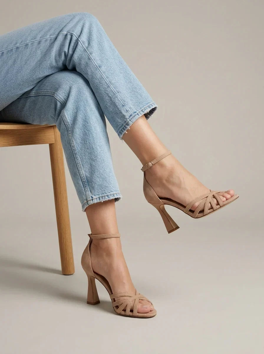 Women's Suede Heeled Sandal – Strappy Block Heel