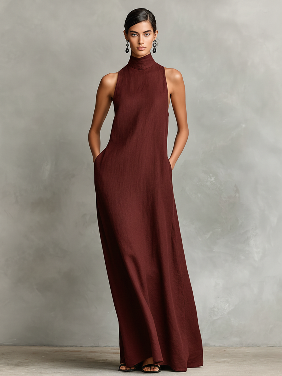 Women's High-Neck Maxi Dress – Floor-Length Flowing Fit