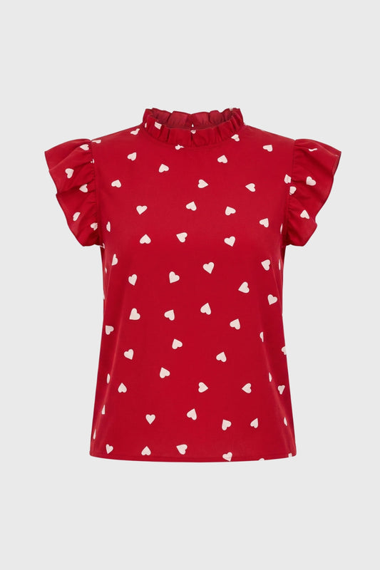 Women's Heart Print Ruffle Sleeve Top – Ruched High Neck
