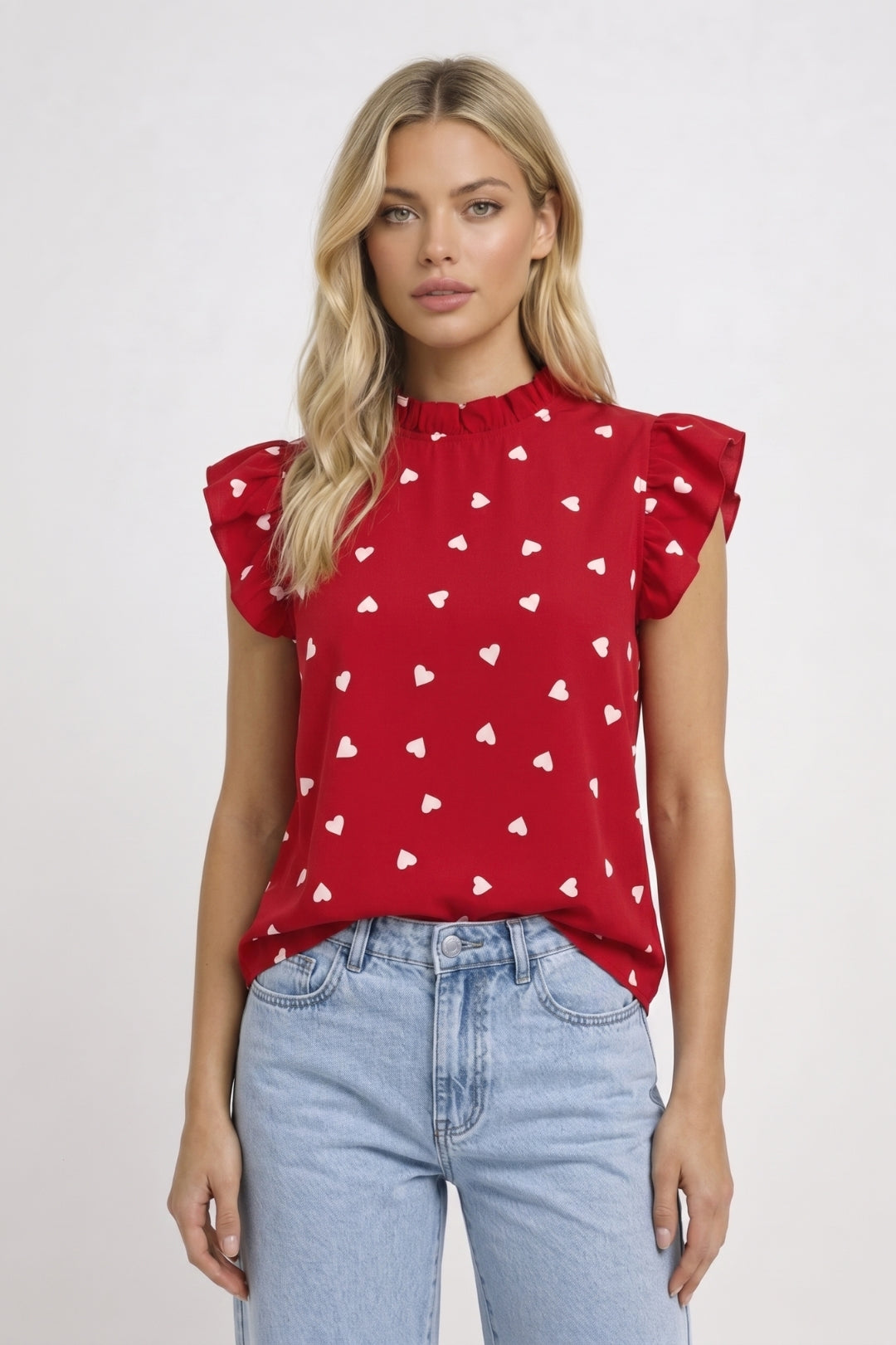 Women's Heart Print Ruffle Sleeve Top – Ruched High Neck