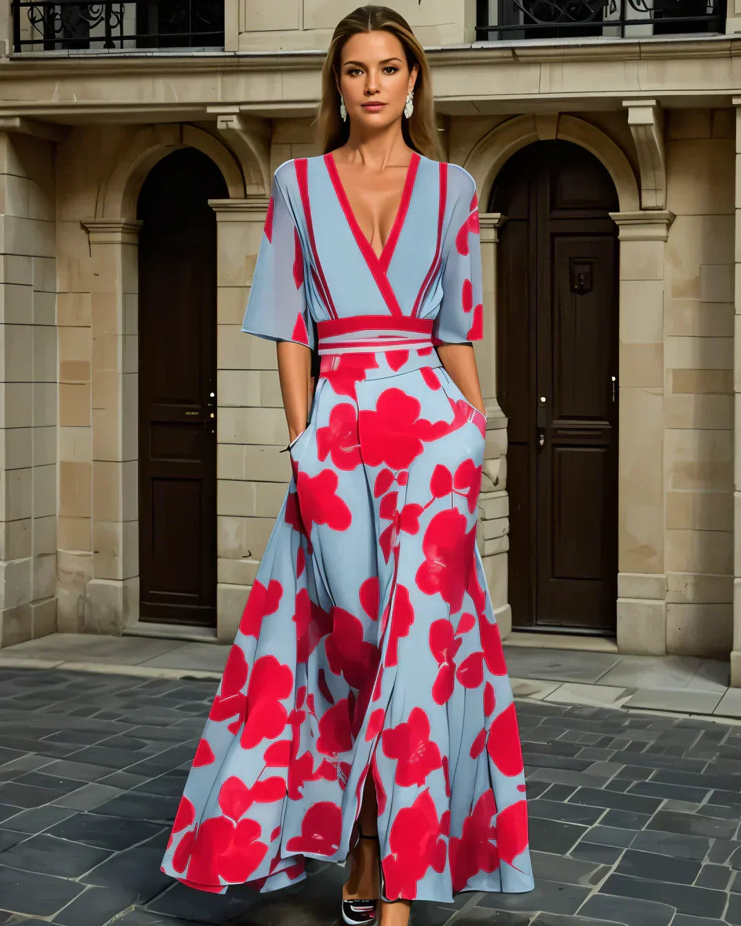 Women's Floral Maxi Dress – V-Neck A-Line Silhouette