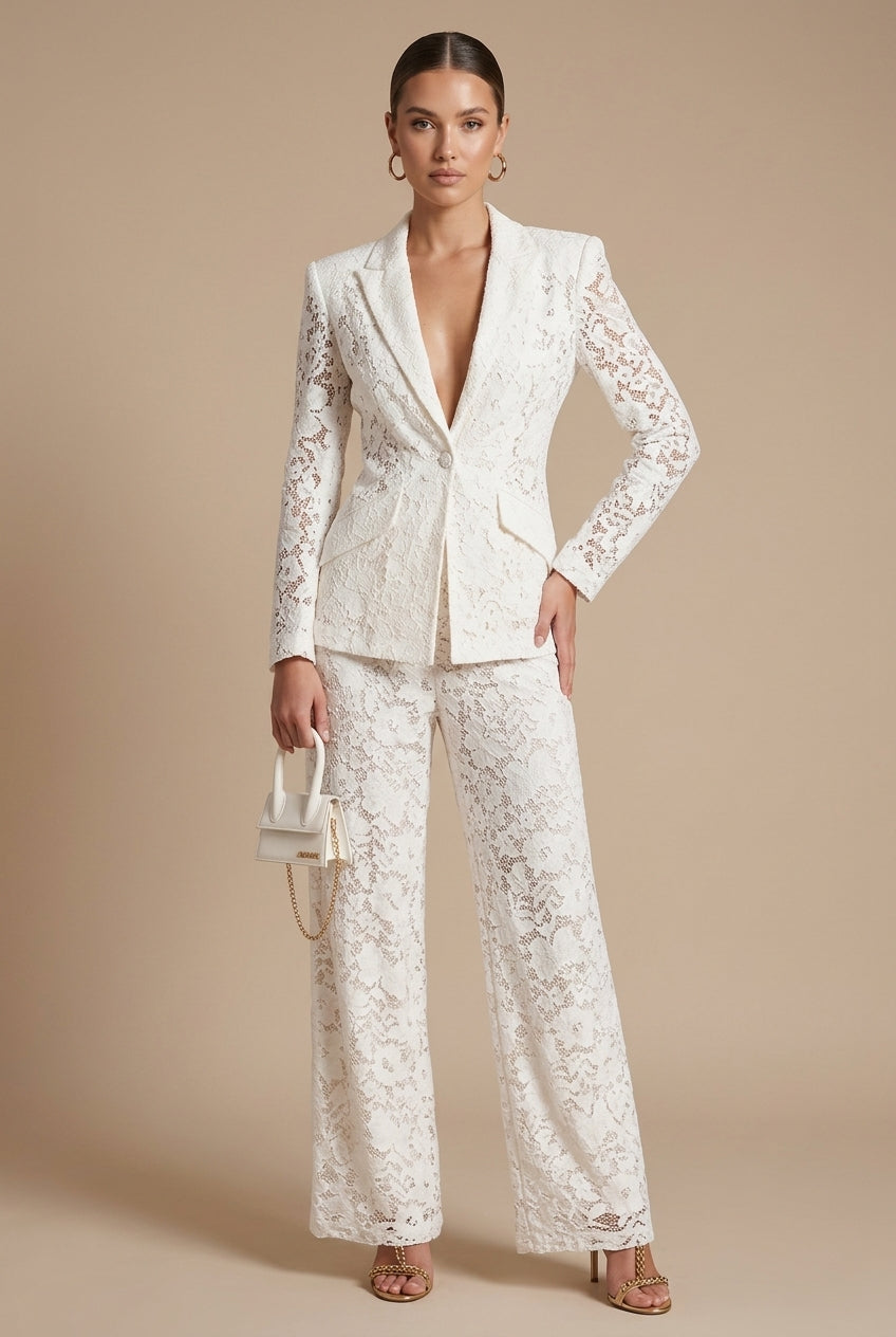 Women's Floral Lace Blazer and Pants Set – Peplum Wide-Leg
