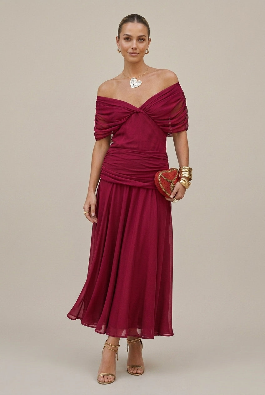 Women's Chiffon Maxi Dress – Off-Shoulder Gathered Waist
