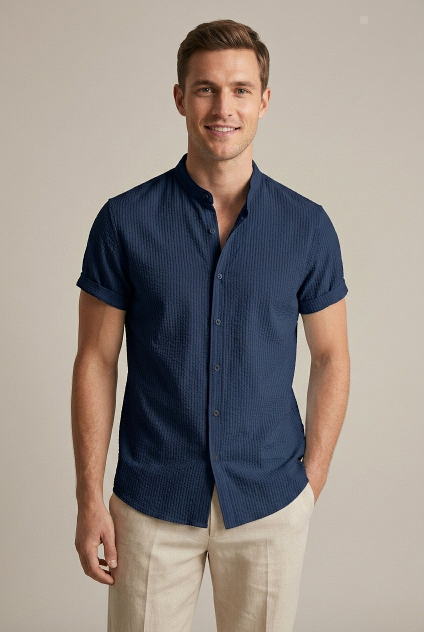 Men's Seersucker Band-Collar Shirt – Short Sleeve Relaxed