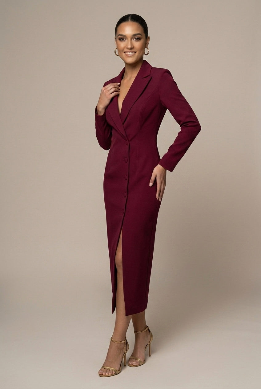 Women's Blazer Midi Dress – Notch Lapel Button Front