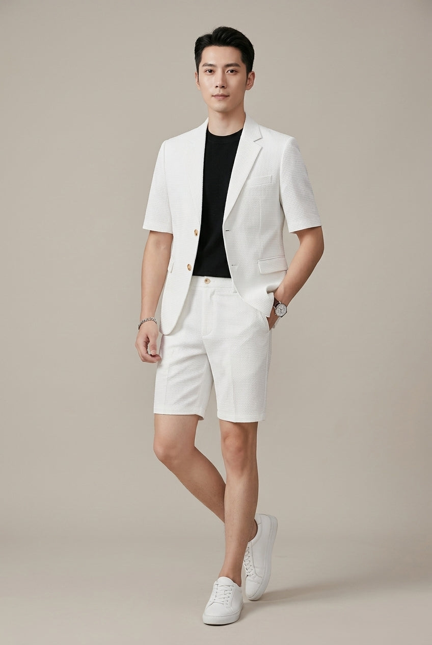 Men's Blazer and Shorts Set – Short-Sleeve Textured Weave