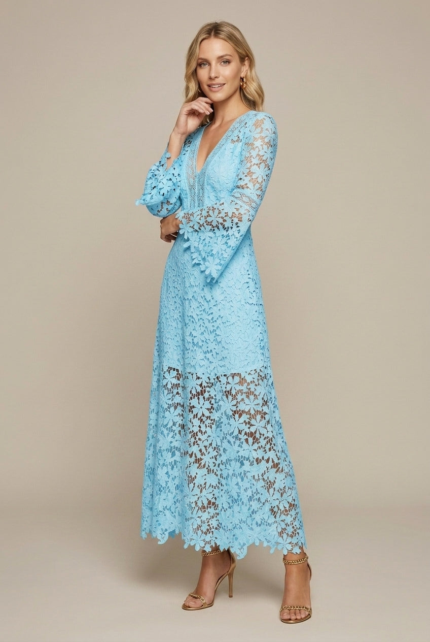 Women's Guipure Lace Maxi Dress – V-Neck Long Sleeve