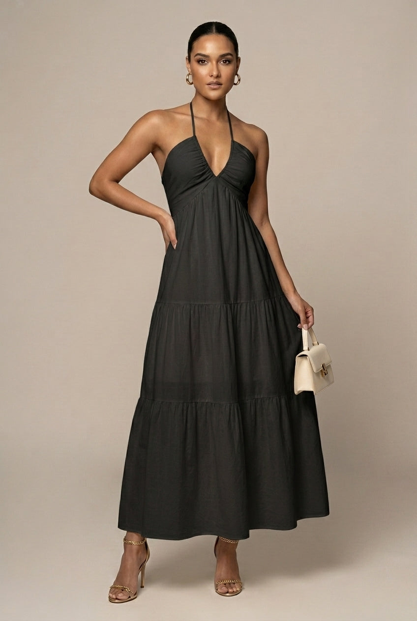 Women's Halter Maxi Dress – Tiered Ruffle Open Back