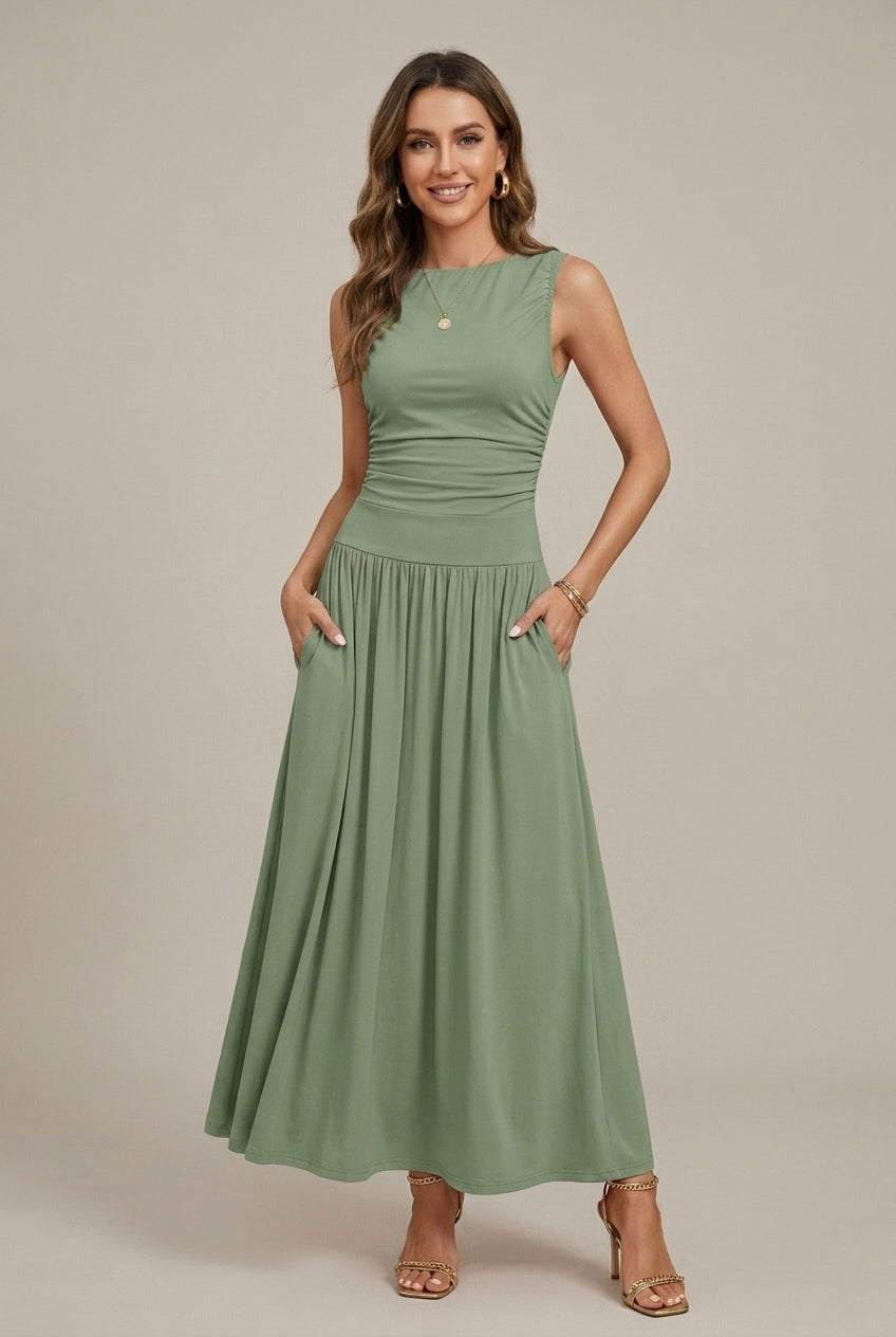 Women's Sleeveless Maxi Dress – Gathered Waist, Full Skirt