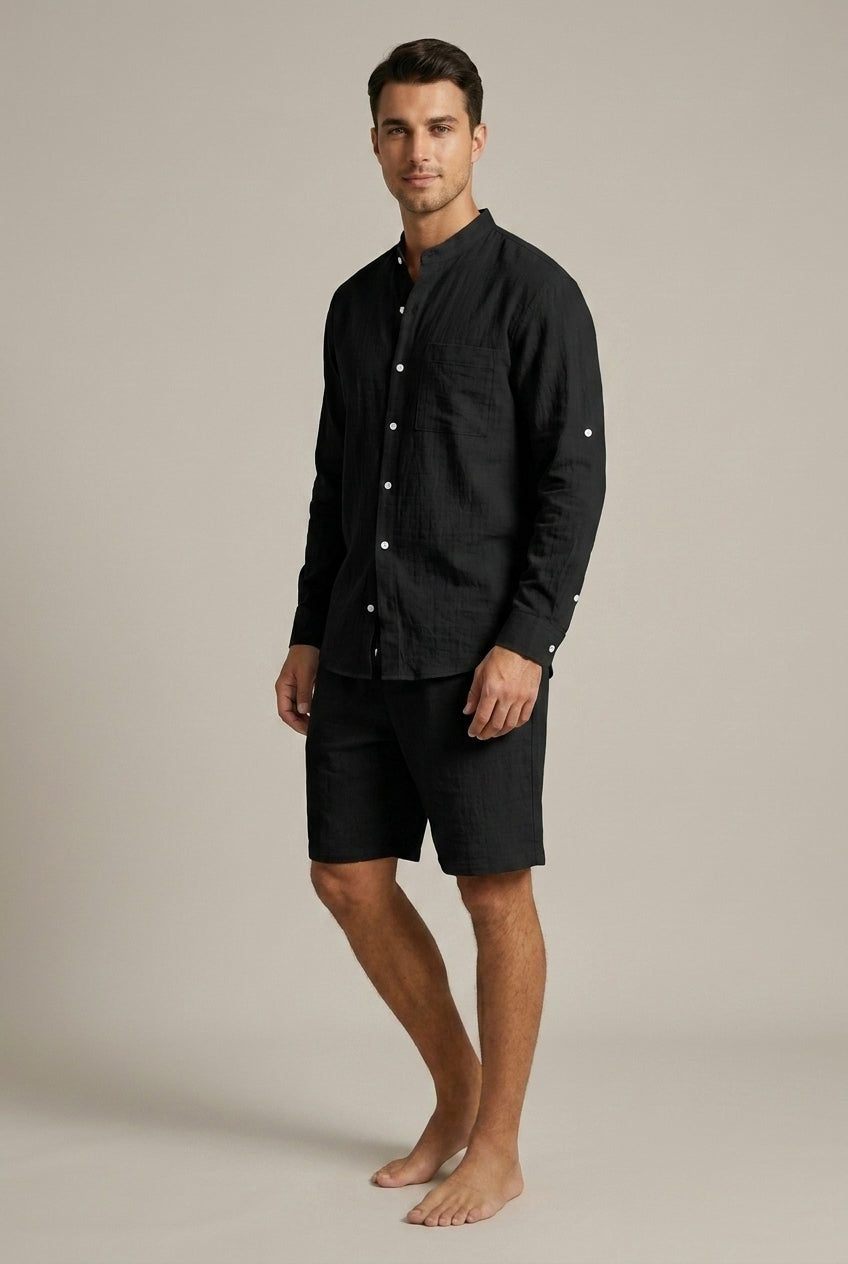 Men's Linen-Look Shirt and Shorts Set – Band Collar Relaxed Fit