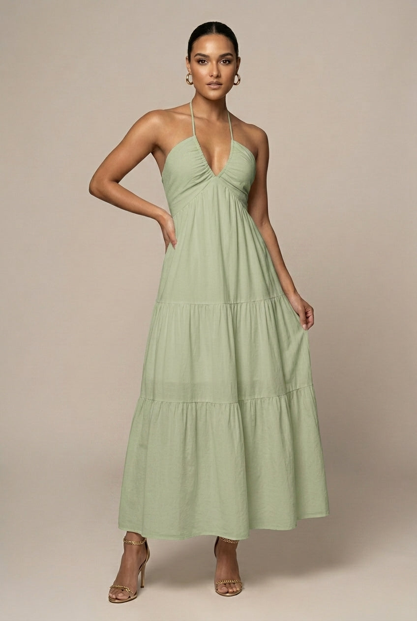 Women's Halter Maxi Dress – Tiered Ruffle Open Back