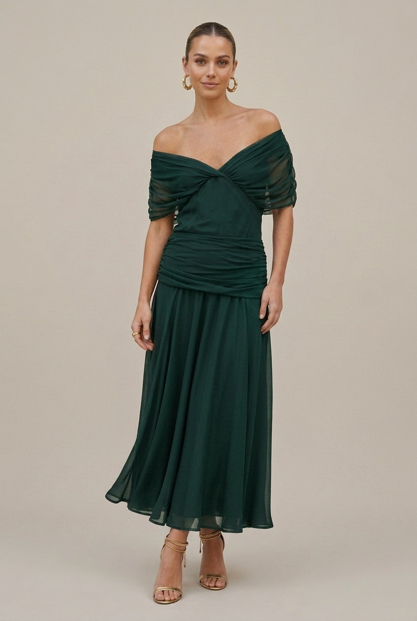 Women's Chiffon Maxi Dress – Off-Shoulder Gathered Waist