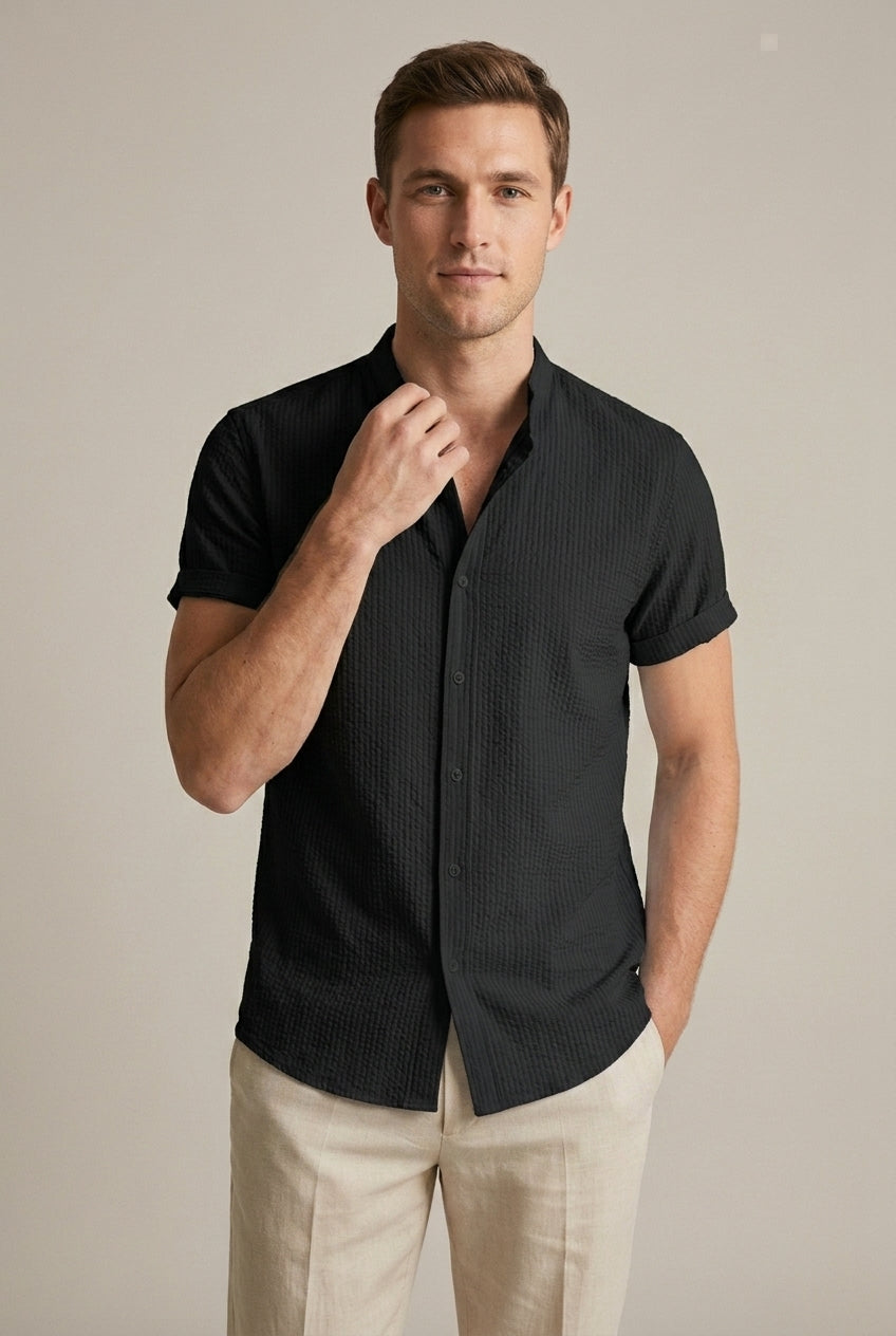 Men's Seersucker Band-Collar Shirt – Short Sleeve Relaxed