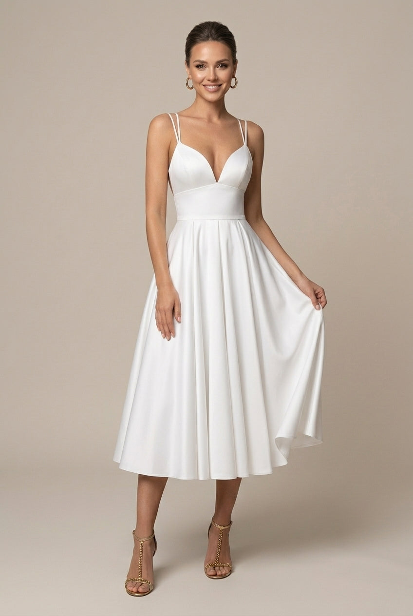 Women's A-Line Midi Dress – V-Neck Double Straps
