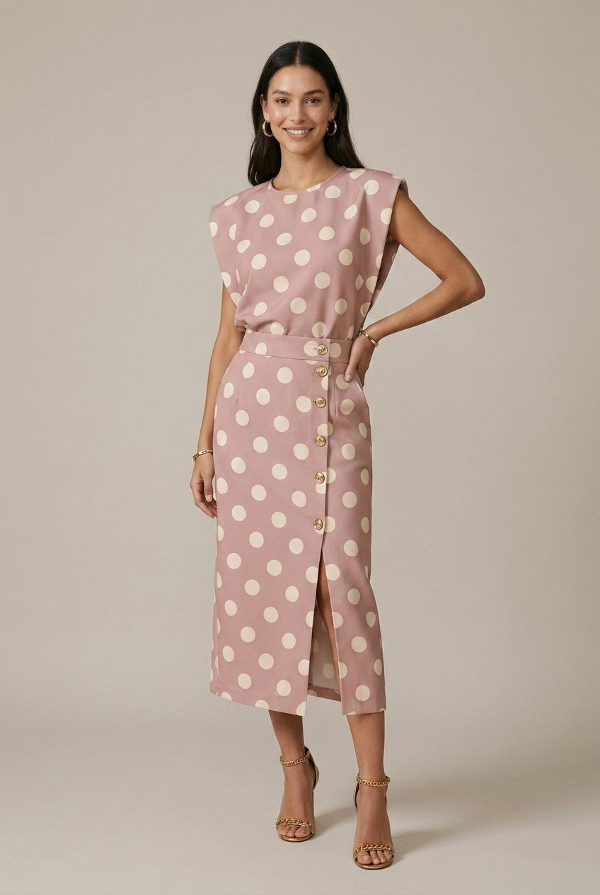 Women's Polka Dot Two-Piece Set – Top & Midi Skirt