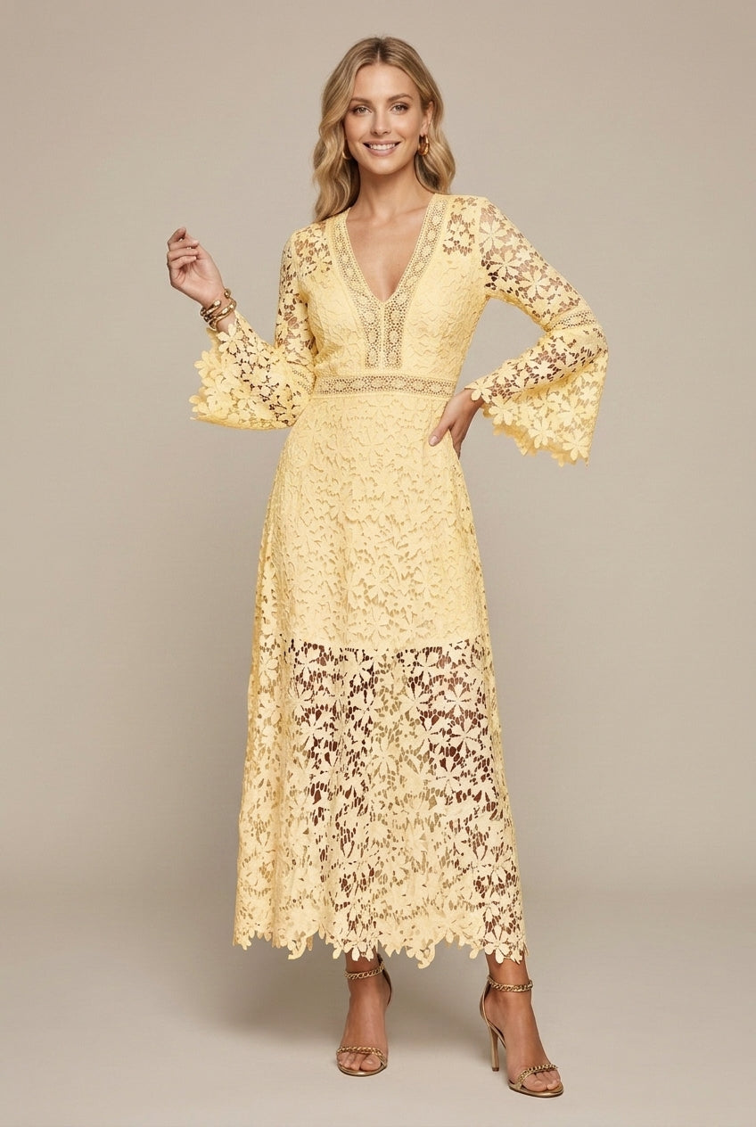Women's Guipure Lace Maxi Dress – V-Neck Long Sleeve