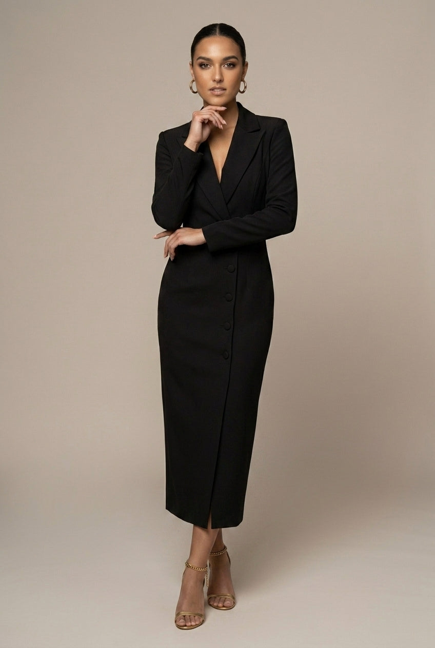 Women's Blazer Midi Dress – Notch Lapel Button Front