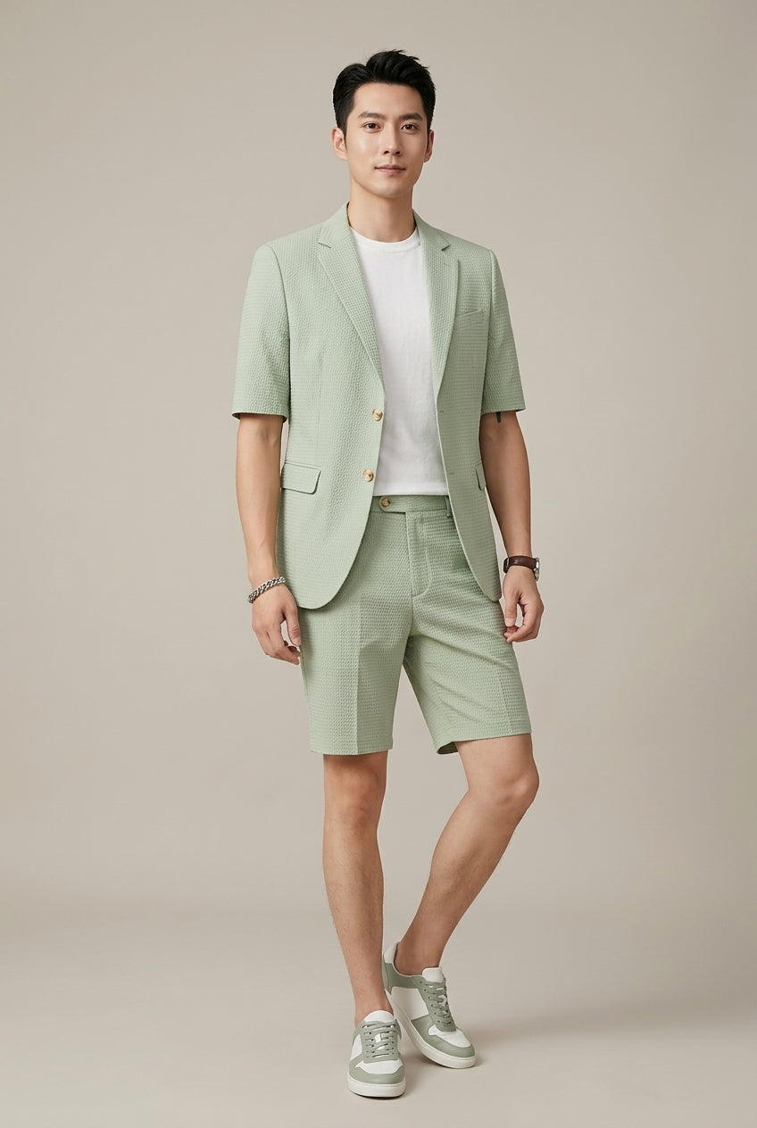 Men's Blazer and Shorts Set – Short-Sleeve Textured Weave