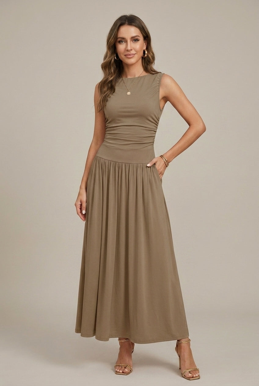 Women's Sleeveless Maxi Dress – Gathered Waist, Full Skirt