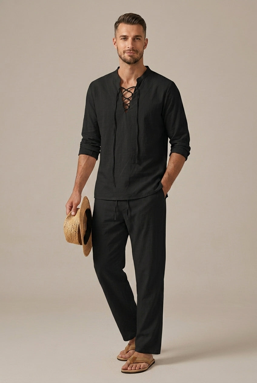 Men's Two-Piece Set – Lace-Up V-Neck Shirt & Pants