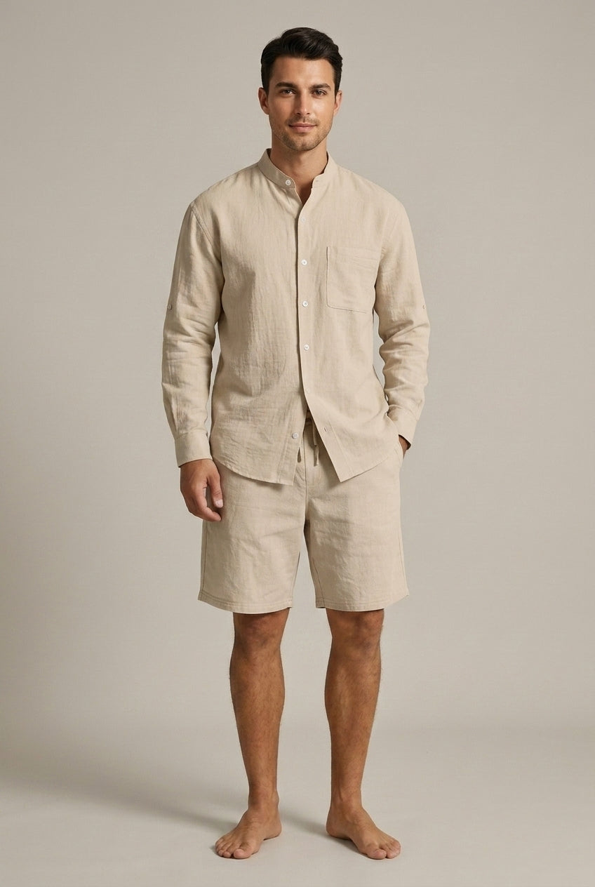 Men's Linen-Look Shirt and Shorts Set – Band Collar Relaxed Fit
