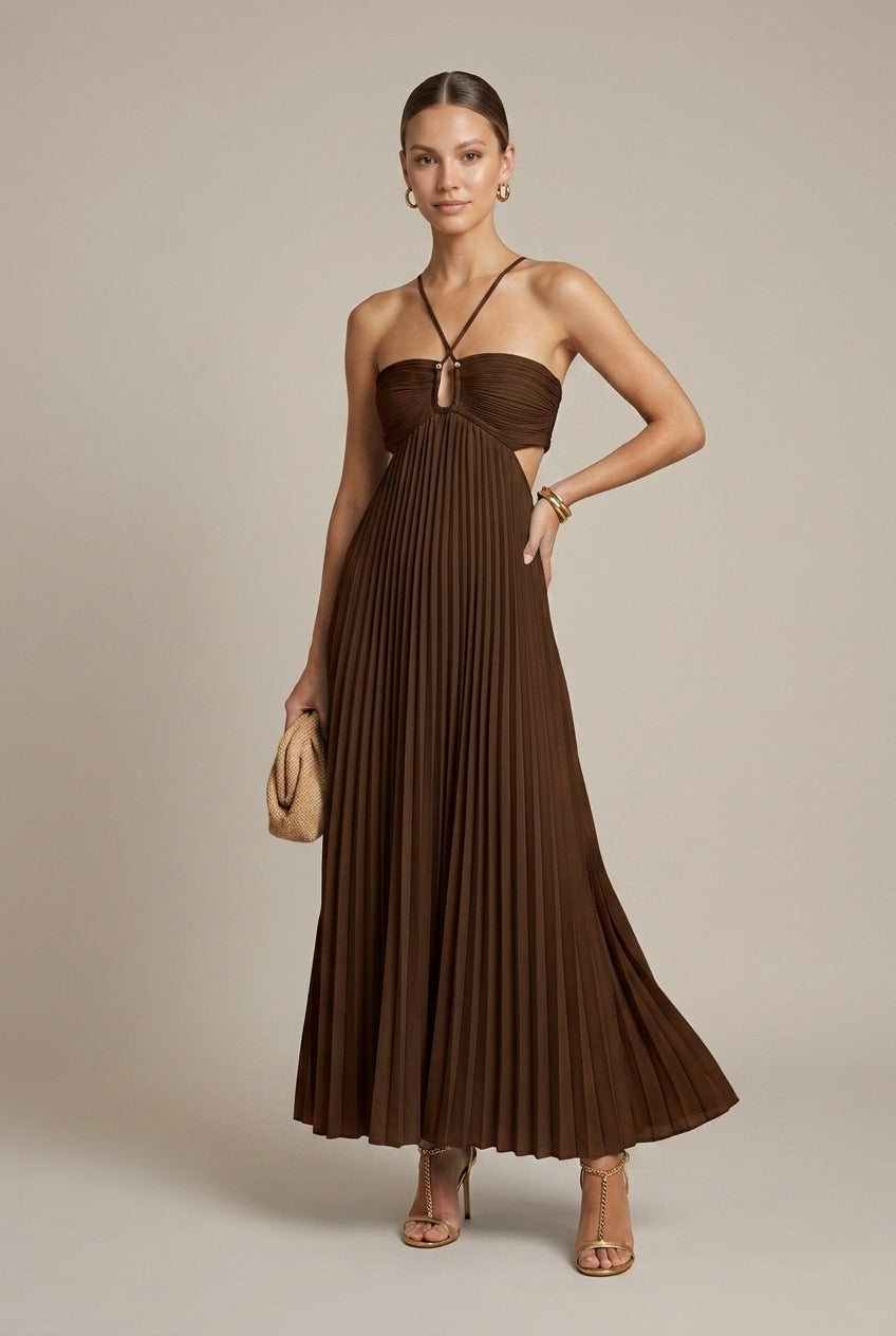 Women's Pleated Halter Maxi Dress – Tie-Back Cutout
