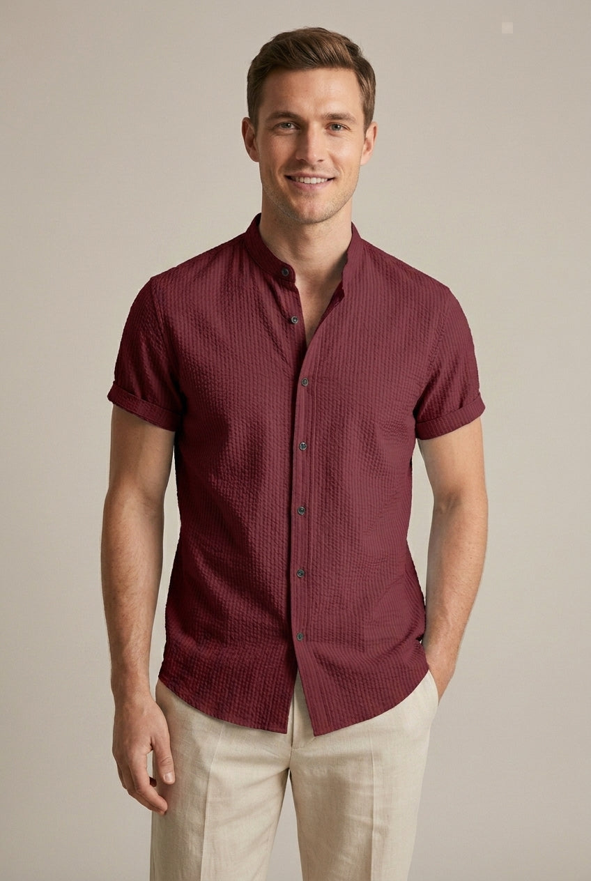 Men's Seersucker Band-Collar Shirt – Short Sleeve Relaxed