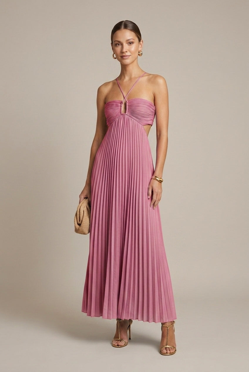 Women's Pleated Halter Maxi Dress – Tie-Back Cutout
