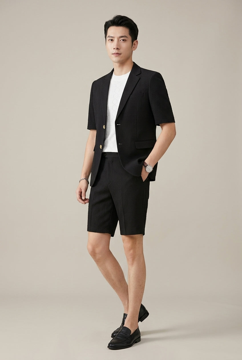 Men's Blazer and Shorts Set – Short-Sleeve Textured Weave