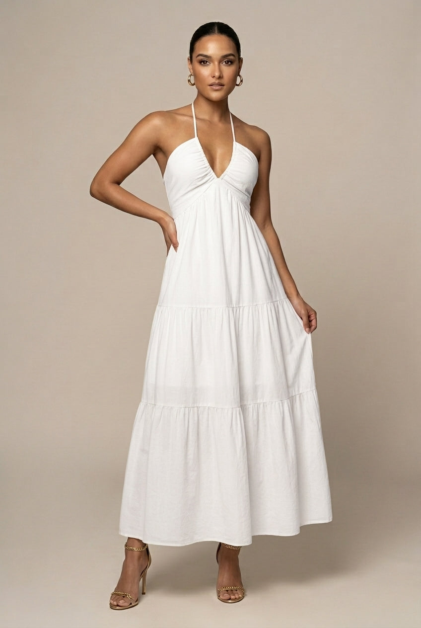 Women's Halter Maxi Dress – Tiered Ruffle Open Back
