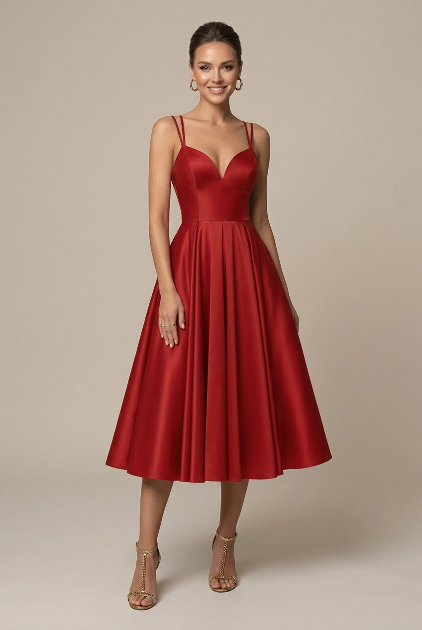 Women's A-Line Midi Dress – V-Neck Double Straps