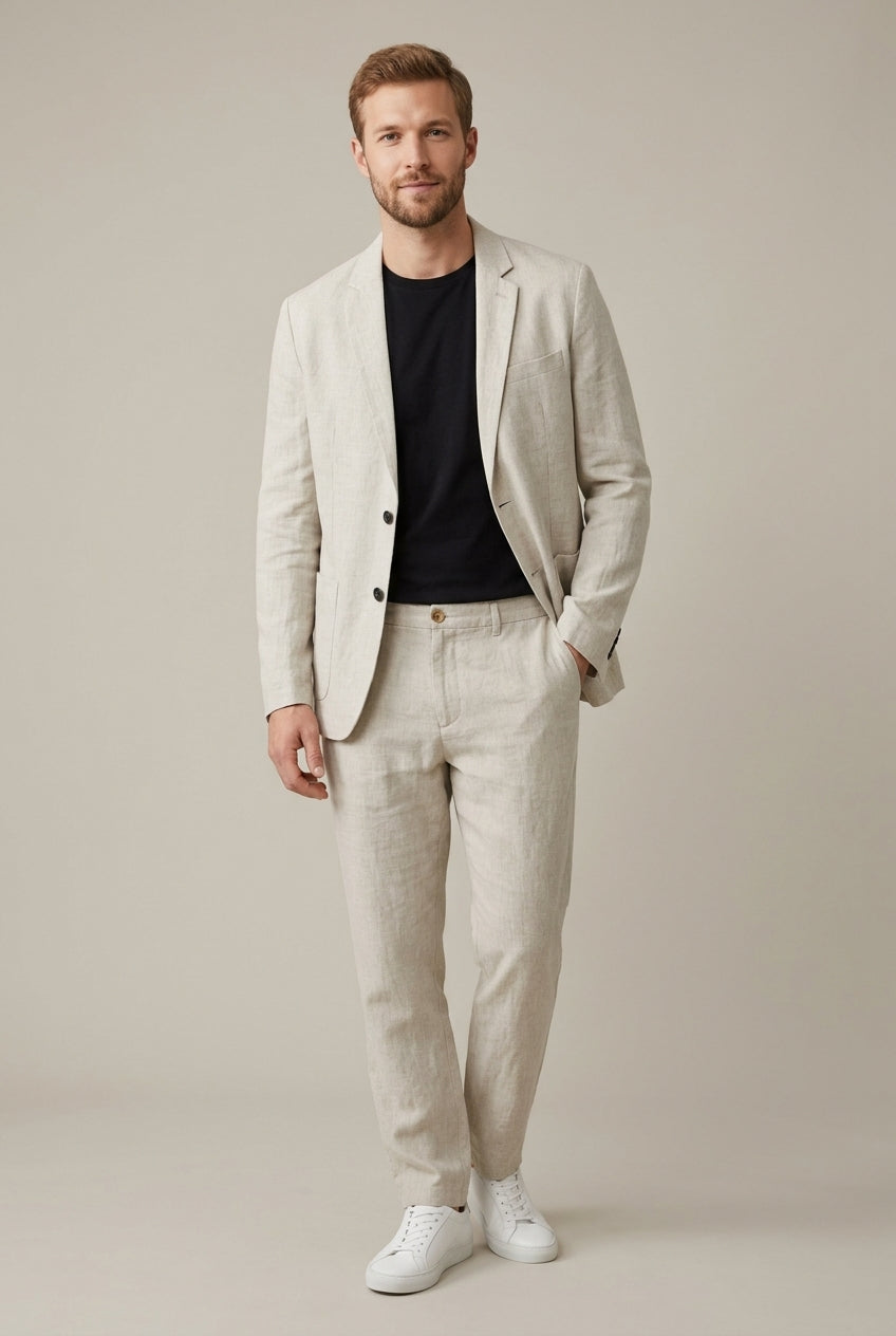 Men's Linen-Blend Suit Set – Single-Button Blazer and Pants
